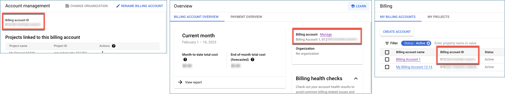 screenshot of 3 pages in GCP where the billing account ID can be located.