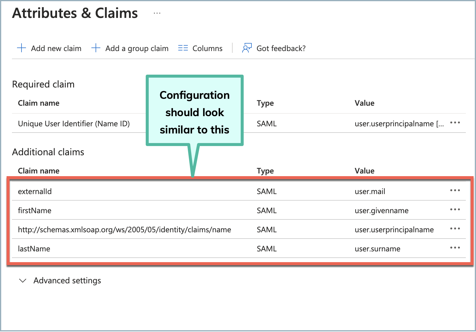 screenshot of Azure attributes & claims page, showing expected configuration